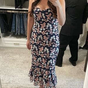 Shoshanna Asher Strapless Floral Lace Midi Dress, Navy Blush Optic